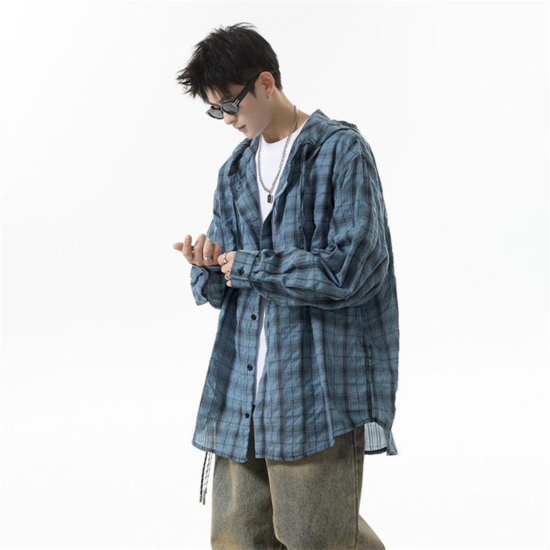 夏季连帽格子防晒衬衣男宽松美式痞帅休闲情侣长袖衬衫P50控78，男装防晒衣，星座516