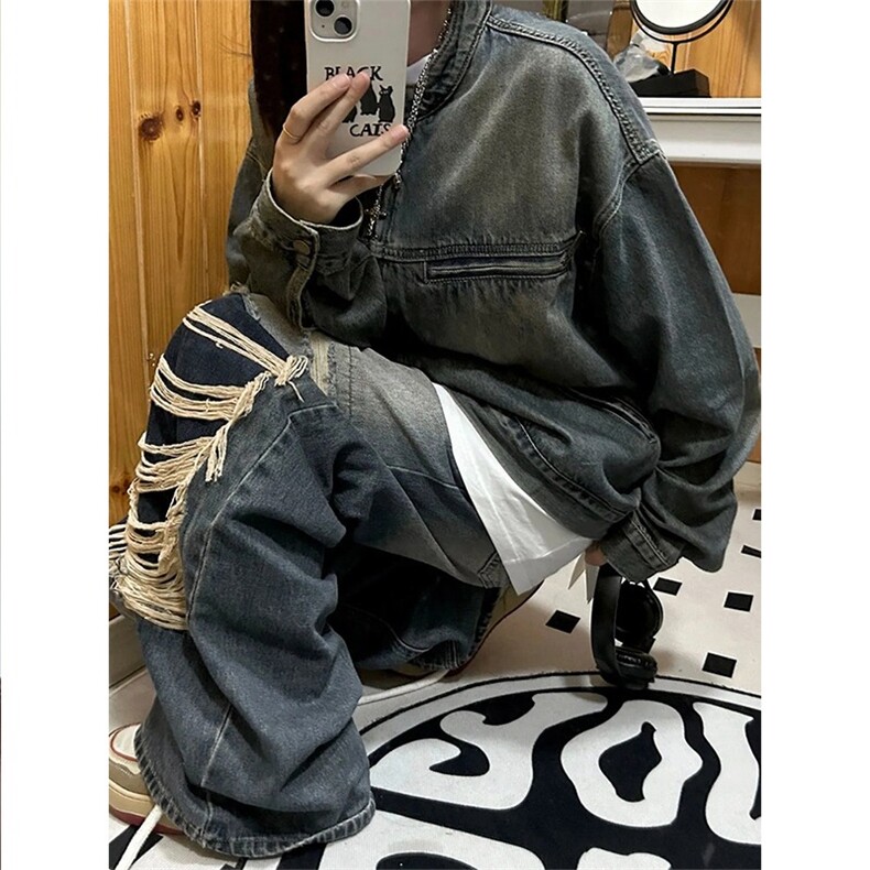 【有货】DJK2047-P68美式hiphop复古拉链开衫牛仔外套女春秋夹克图片
