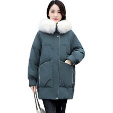 2021冬季新款简约时尚气质高仿毛领保暖舒适中长款连帽棉衣，女装棉衣/棉服，魅影