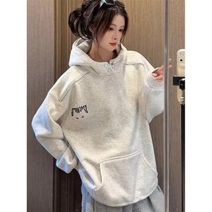白花灰排扣连帽卫衣男女秋冬加绒加厚520g重磅硬挺外套 W8318图片