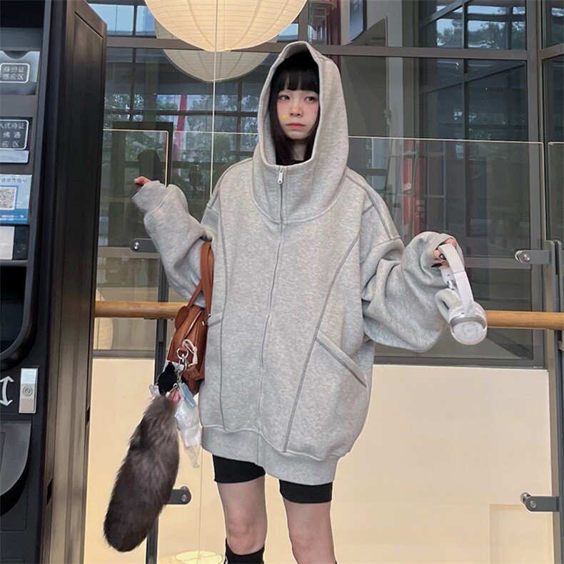 抖音得物高品质秋冬美式高街重磅结构辑明线纹理连帽卫衣外套W111,女装短外套,电商A486-1