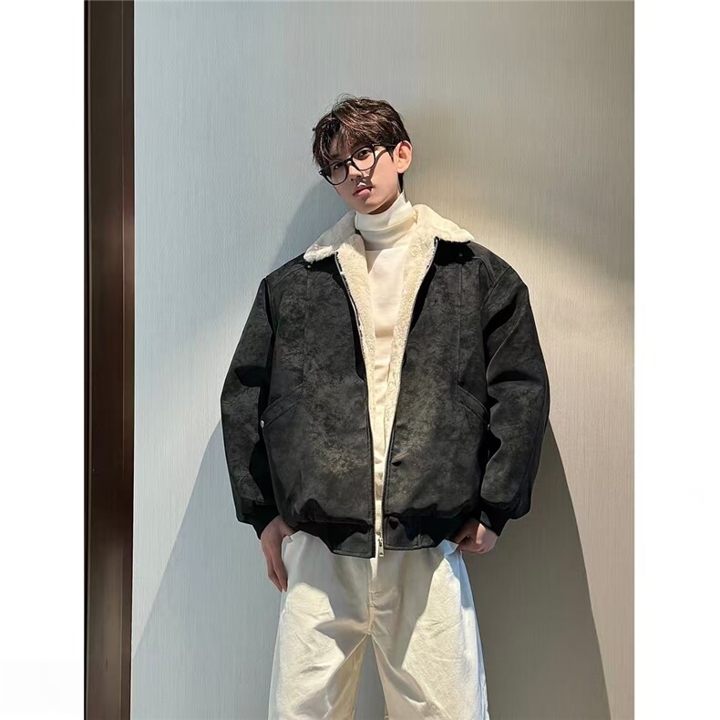 现货美式宽松荔枝纹PU皮翻领夹棉加厚外套JK0421/P85，女装短外套，星座205-3