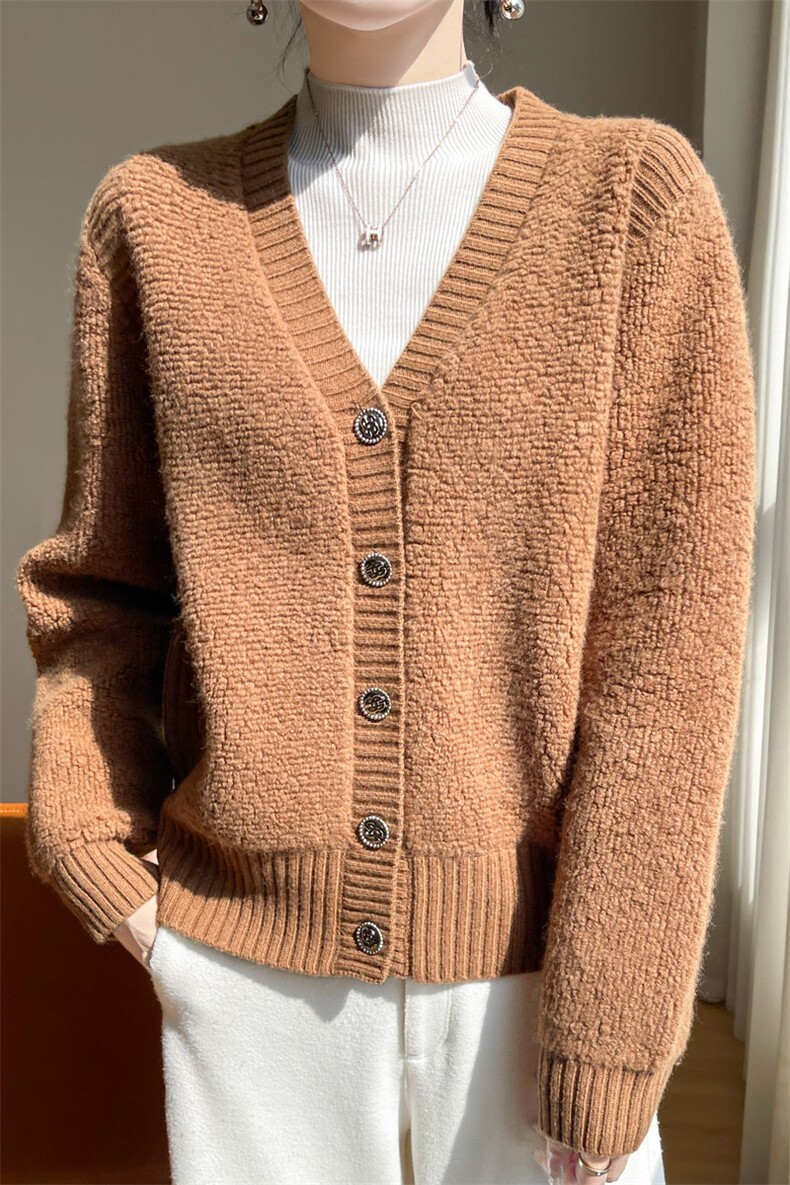 秋冬100%纯羊毛开衫女V领毛巾绣加厚针织外套宽松羊绒衫外搭上衣,女装羊毛衫,东远绒业