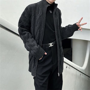 复古美式蓝色麻花拉链开衫毛衣男女情侣款宽松休闲慵懒针织衫外套图片