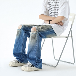 B221美式ins高街暗黑宽松直筒破洞喷墨乞丐牛仔裤LK24200-P60控78图片