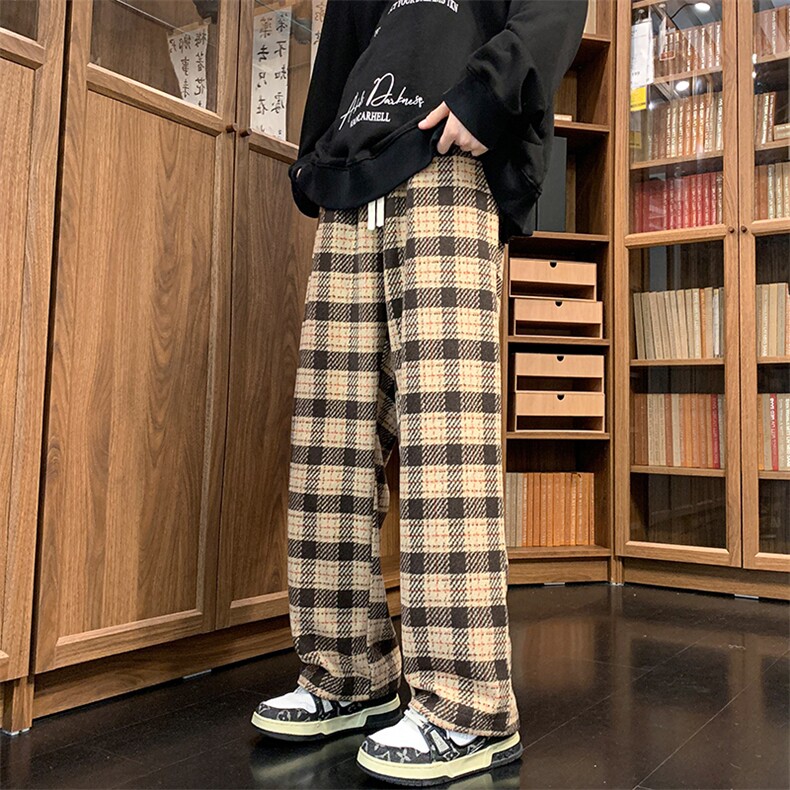 8XL-M特大码加厚毛呢料格子休闲裤宽松男裤毛呢裤K946P60加绒P70,男装休闲裤,电商D206-1