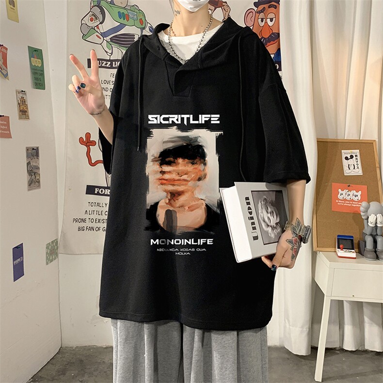 LD54213-P45连帽短袖t恤男大码胖子带帽五分袖中袖,男装T恤,电商A040