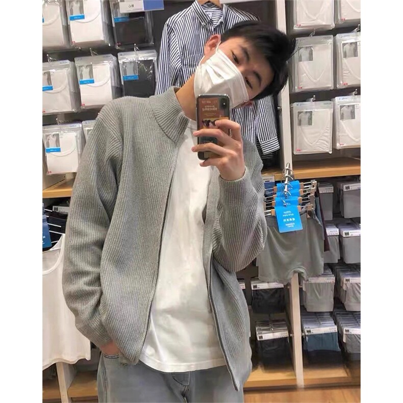 抖音得物保暖立领拉链针织外套秋冬宽松慵懒风纯色毛衣上衣AM02,男装针织衫/毛衣,电商A443