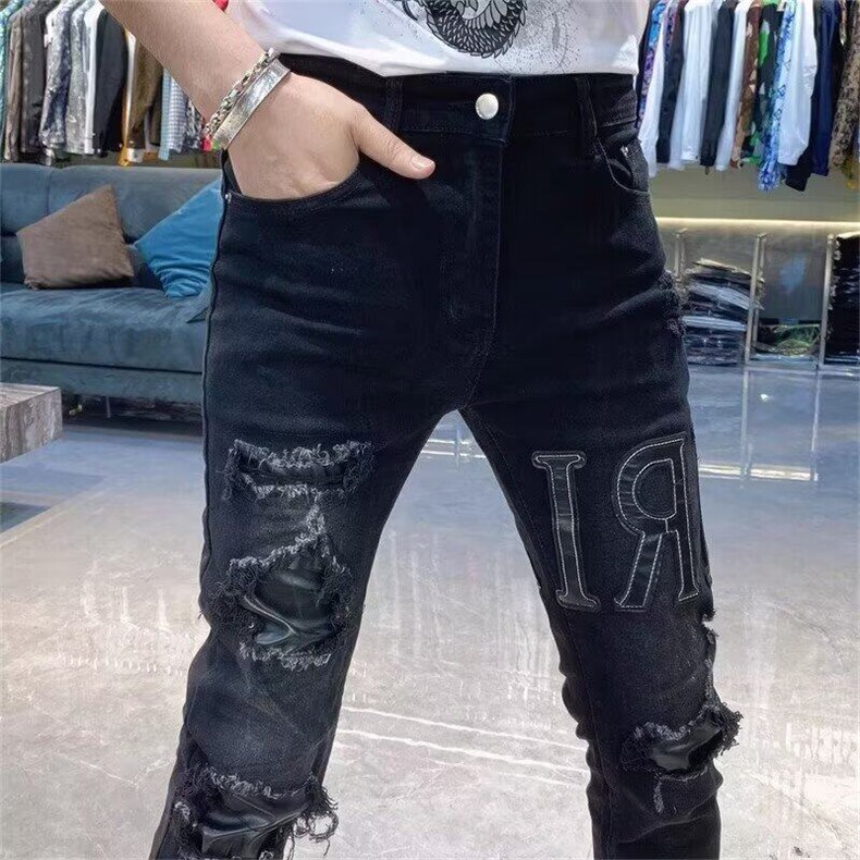 耐磨潮牌夏季新款高街破洞牛仔裤男士补丁字母刺绣修身小脚裤弹力，女装牛仔裤，星座506A