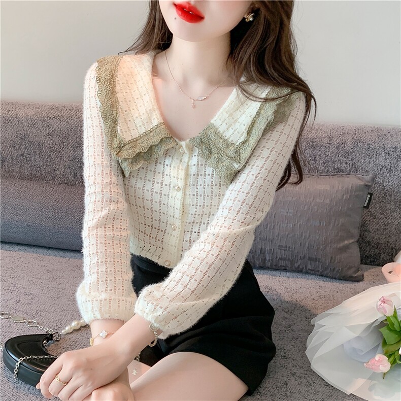 娃娃领蕾丝衫气质衬衫重工洋气打底衫长袖上衣，女装蕾丝衫/雪纺衫，美吧服饰