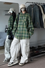 衬衫男春季新款港风宽松大码磨毛格子长袖衬衣CS618-P35，男装衬衫，星座214-3