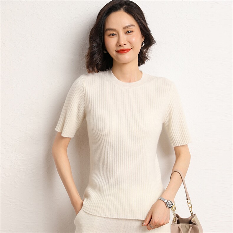 羊绒衫女圆领短袖纯色内搭毛衣百搭针织打底上衣图片