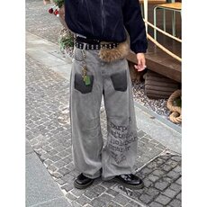 美式复古字母涂鸦牛仔裤男女春秋直筒休闲长裤NB398-P58，男装牛仔裤，星座208-5