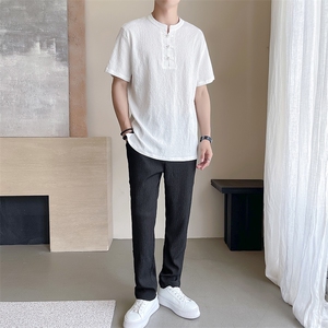 夏季褶皱盘扣休闲套装男士舒适轻薄透气风短袖T恤两件套TZ400图片