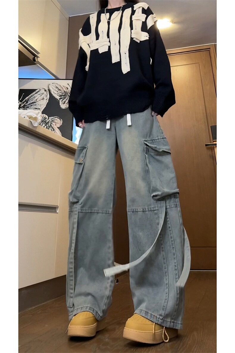 A1430TP55控88-秋冬新款飘带工装牛仔裤男潮牌宽松直筒嘻哈裤子,男装牛仔裤,电商B241