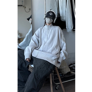 慵懒风男毛衣开衫加厚宽松中性风毛衣拉链外套W55-特P55图片