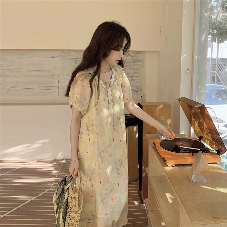 法式V领泡泡袖连衣裙女2025夏季新款甜美减龄温柔风黄色碎花长裙,女装连衣裙,2C229