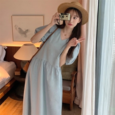 浅蓝色泡泡袖v领连衣裙女2024夏季新款法式简约气质宽松过膝长裙，女装连衣裙，浙宝192（原082）