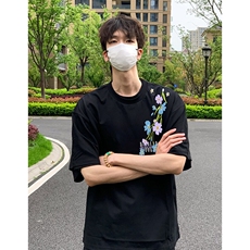 万针全刺绣解构设计260克重磅双纱纯棉高品质美式高街短袖T恤特39，男装T恤，电商A486-1