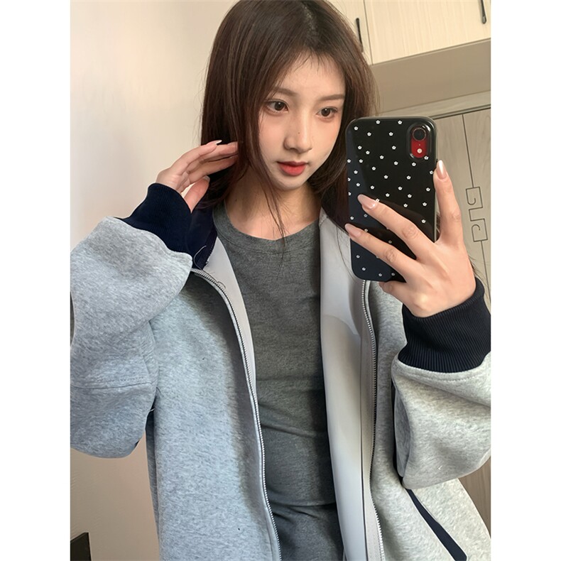 抖音得物高品质美式高街重磅结构设计拼接织带立领卫衣外套CM42,女装短外套,电商A486-1