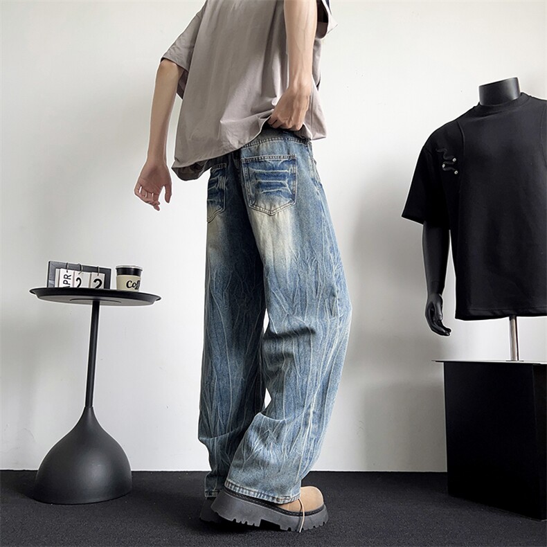 美式复古裂纹牛仔裤男女宽松休闲解构设计感阔腿裤潮牌N0129-P48，男装牛仔裤，星座308B-2