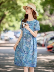洋气减龄棉麻碎花连衣裙女夏2026新款宽松遮肚显瘦a字亚麻印花裙，女装连衣裙，倪叶myz