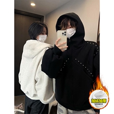 480G重磅加绒硬挺boxy男女秋冬美式高街卫衣铆钉拼接开衫厚外套，女装短外套，电商A486