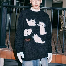 圆领毛衣男款秋季潮牌小猫针织衫上衣大码宽松休闲无帽外套，男装针织衫/毛衣，星座506A
