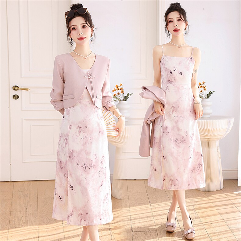 春季套装女高级感2026年新款修身轻G风新中式印花吊带裙两件套，女装套装/套裙，奕薇雅