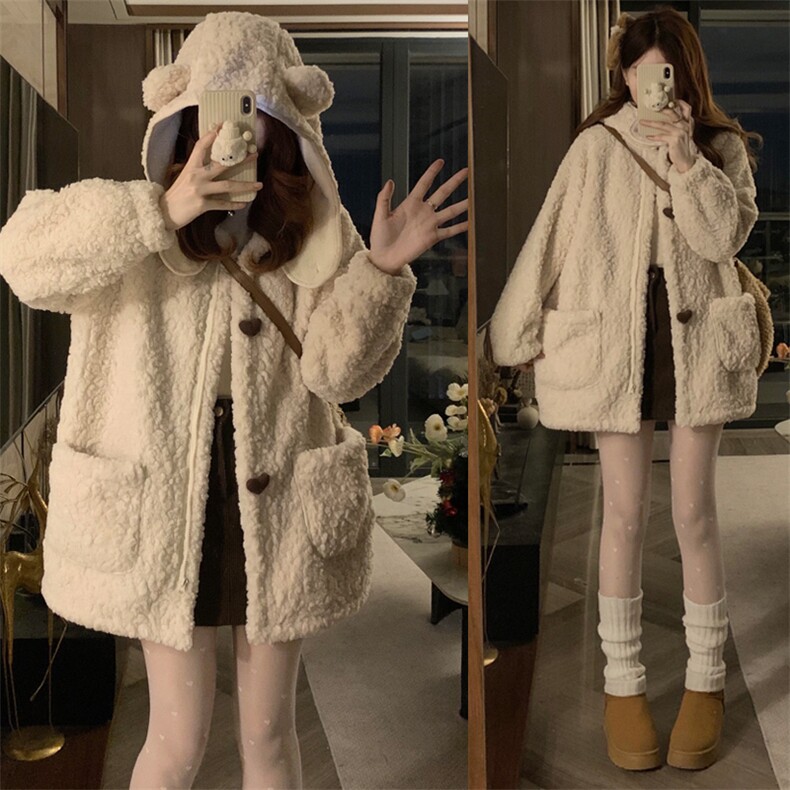 C900-P130 女童毛毛加绒外套冬季新款韩版连帽大衣宝宝加厚中长款图片
