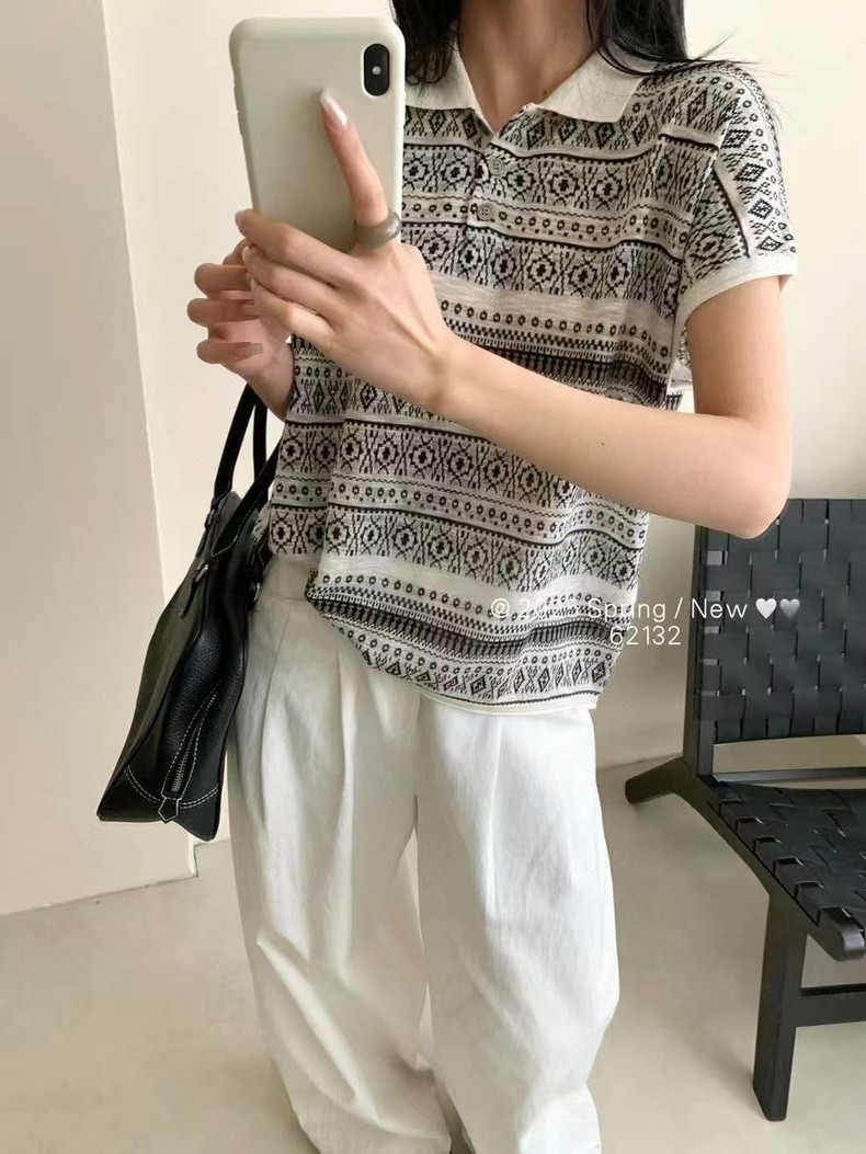 波西米亚风格翻领天丝亚麻短袖女,女装T恤,唐诺