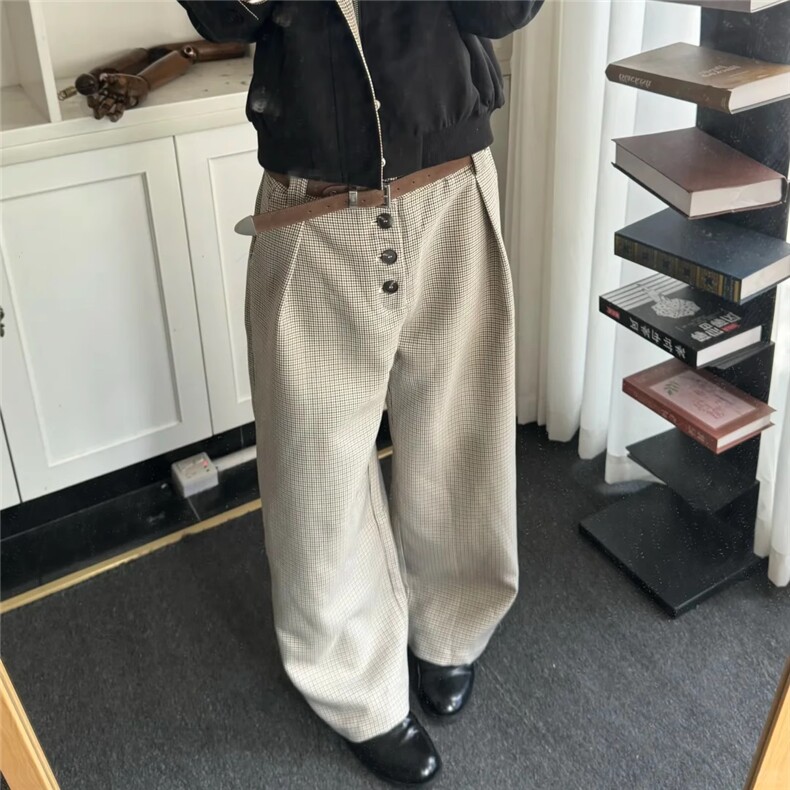 老钱风千鸟格排扣A字西裤男女高街裤子慵懒松弛感阔腿裤CA392,男装西裤,星座516A