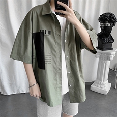 港风chic短袖衬衫男宽松七分袖工装ins潮流休闲学生衬衣W970-P35，男装衬衫，星座512-2