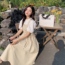清纯系乖乖妹穿搭背带裙套装女2025夏减龄泡泡袖上衣两件套连衣裙，女装连衣裙，2C092