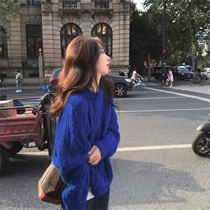 慵懒风复古加厚套头毛衣女秋冬新款宽松圆领麻花外穿针织衫图片