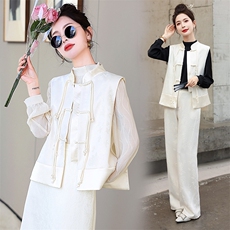 现货新中式女装春夏季新款拼接休闲百搭通列时尚盘扣复古马甲，女装马甲，韩美纤衣