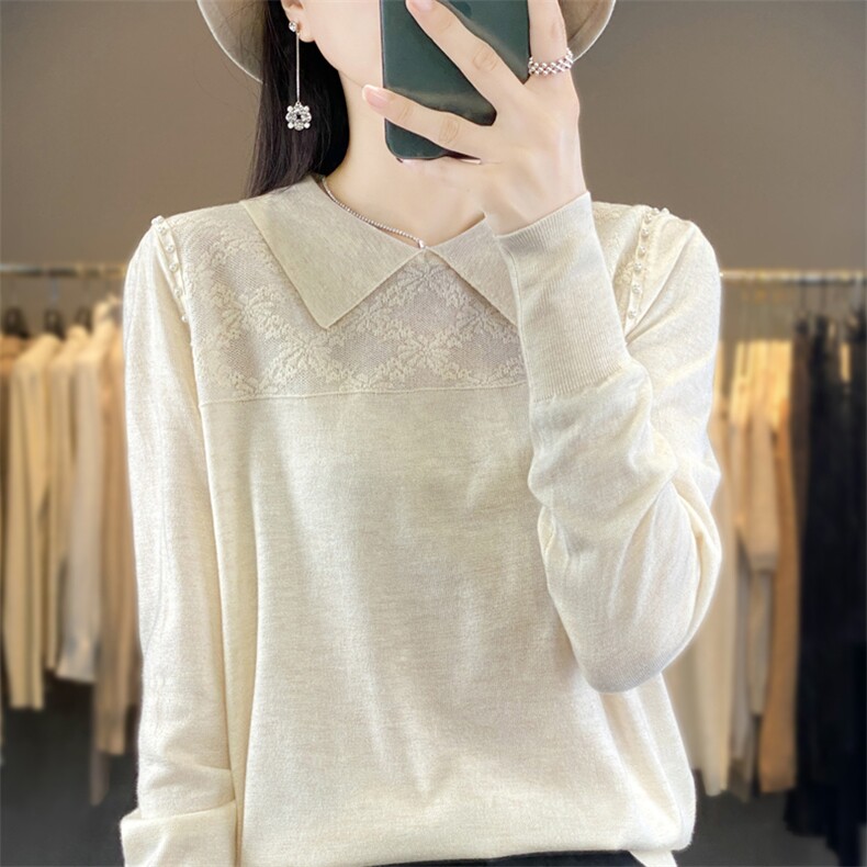 时尚减龄POLO领长袖纯色上衣女法式钉珠翻领套头打底针织衫毛衣潮,女装羊毛衫,宛庄羊绒