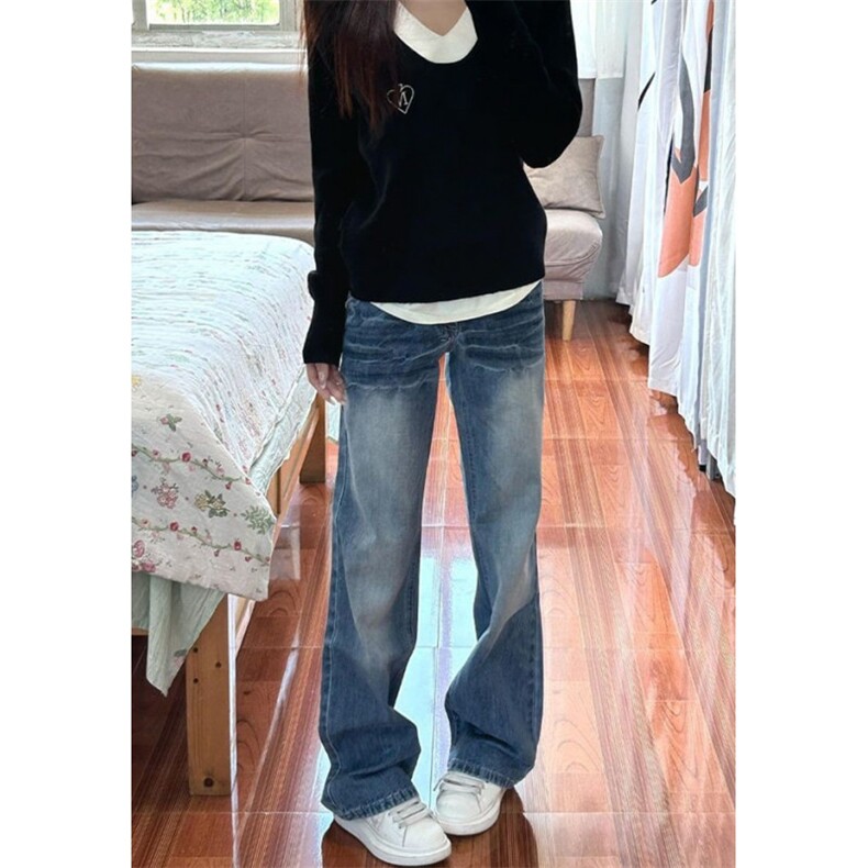 复古辣妹低腰微喇牛仔裤女2025春季水洗显瘦宽松直筒裤子N103,男装牛仔裤,星座1116A（原606A-3）