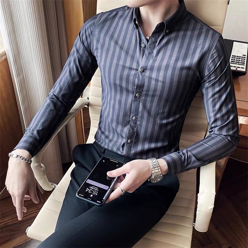 个性修身衬衫男上衣翻领条纹衬衣黑色c613-P40，男装衬衫，星座1012