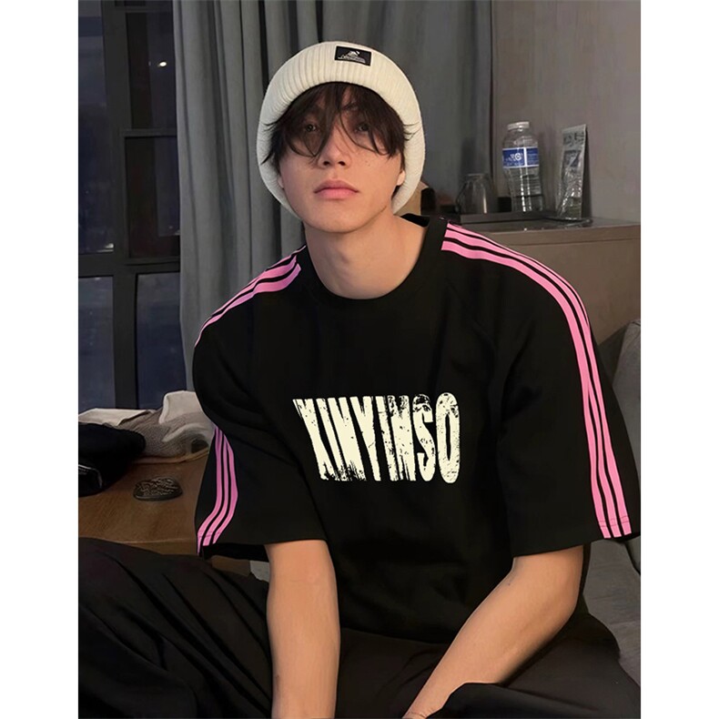 抖音得物品质二开240克宽松纯棉美式潮牌印花三条杠中性风短袖T恤，男装T恤，电商A486-1