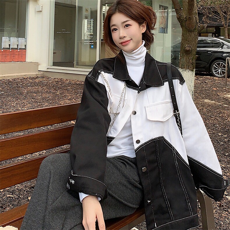牛仔外套女新款韩版ins潮百搭宽松休闲黑白拼接夹克上衣NZ002-85,男装工装外套,星座911-3