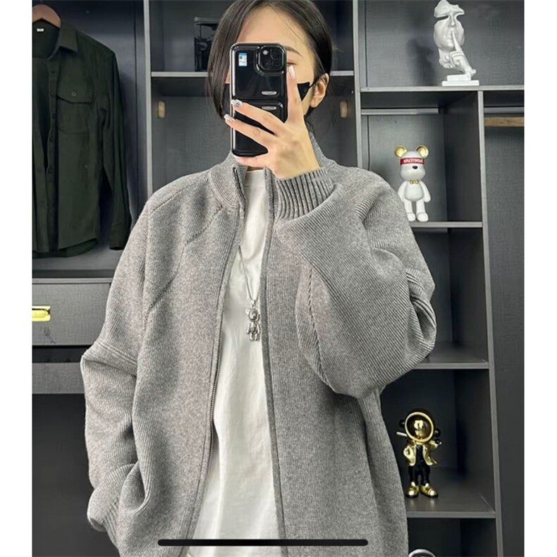 简约百搭纯色重磅拉链休闲宽松毛衣美拉德针织立领开衫ZZS104P65,男装针织衫/毛衣,电商D256A(原A064A)