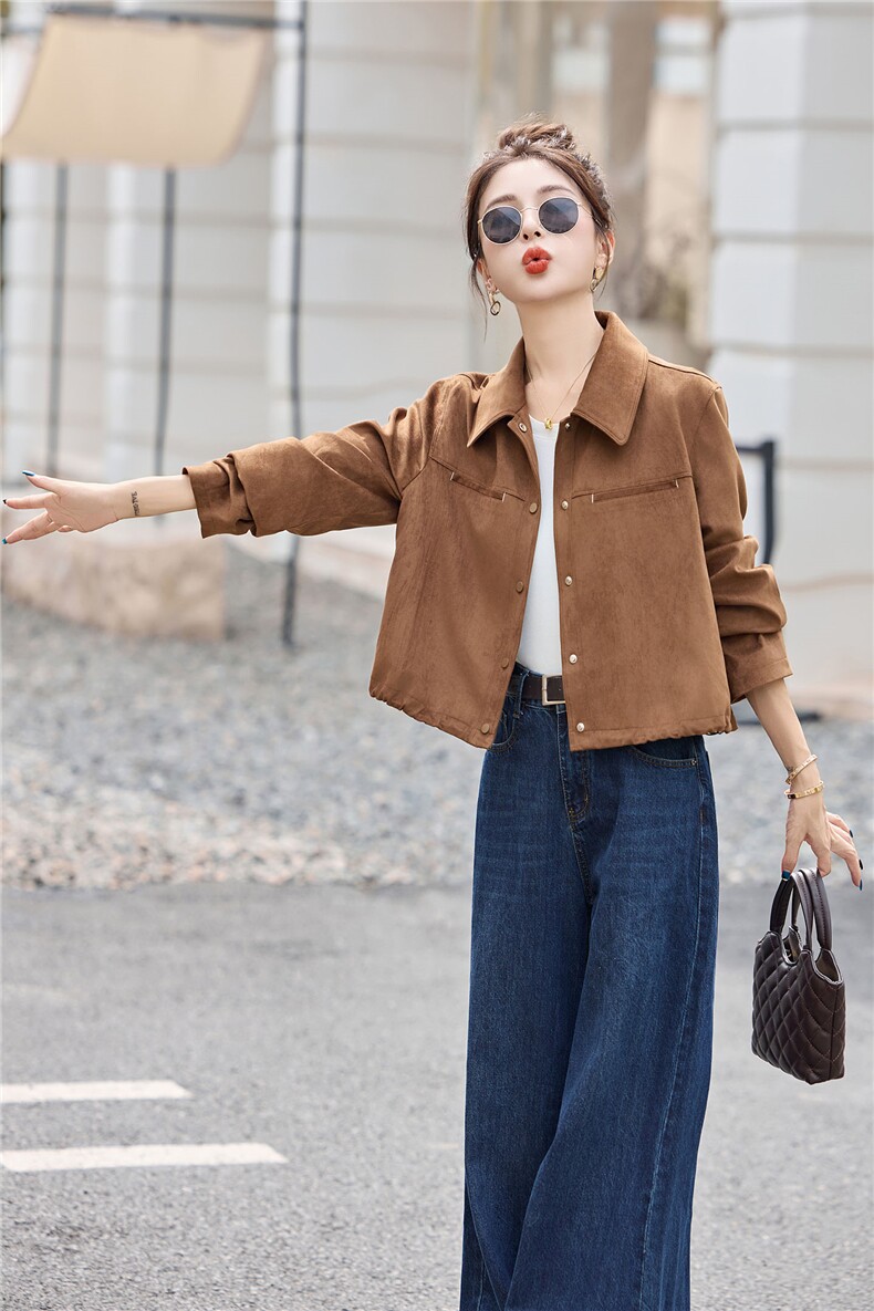 美拉德咖色麂皮绒短外套女2025秋季新款时尚翻领百搭显瘦夹克上衣,女装短外套,丽影随形