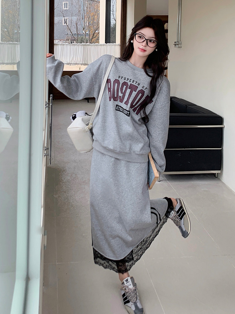 慵懒风灰色卫衣套装裙女2025春季新款设计感蕾丝拼接半身裙两件套,女装套装/套裙,浙宝103（原192）