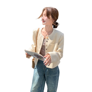 米杏色外套女2023年秋冬新款高级设计感小众夹克棒球服小香风外套图片