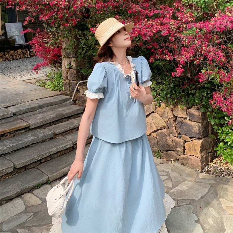 温柔系甜美减龄套装裙2025新款夏日超火蕾丝拼接小衫半身裙两件套,女装套装/套裙,2C057