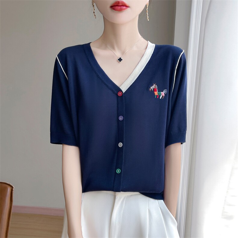 撞色冰丝针织短袖T恤女开衫上衣2025夏薄透气拼色洋气刺绣小衫t恤，女装针织衫/毛衣，九嘉羊绒