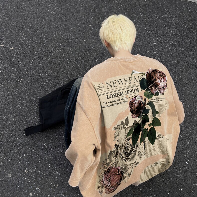 重磅美式复古玫瑰海报水洗做旧磨破工艺短袖XZ301B-JB4203-P40,男装T恤,星座301B