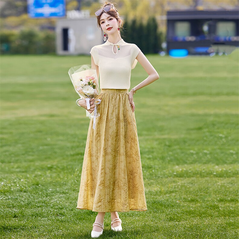 新中式改良印花套装女夏季今年流行短袖衬衫半身裙两件套,女装套装/套裙,魅丽静蓝