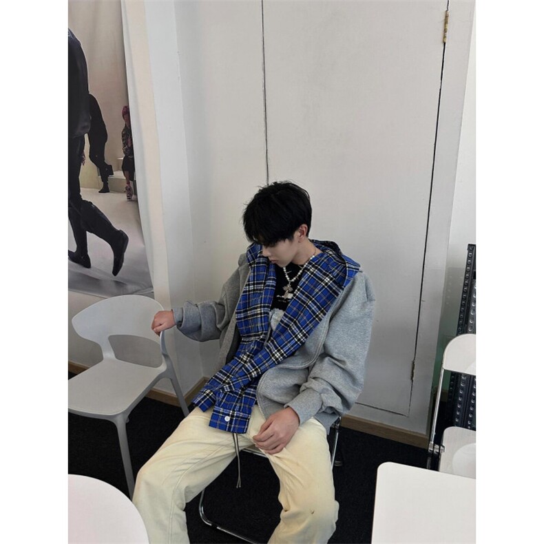 【有货】假两件格子拼接卫衣男款设计感连帽开衫外套JL97HH-特P68,男装卫衣,星座1007（原301D）